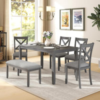 Dining Table Set for 6, 6-Piece  Kitchen Table & Chair Set, Includes 1 Table, 4 Upholstered Chairs & 1 Bench, X-shaped Backrest, by Gracie Oaks