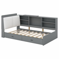 Daybed with Upholstered Storage Headboard, Bookcase and 2 Drawers, Wood Platform Bed with Storage Shelves and Rotatable Storage Board by Red Barrel Studio
