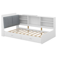 Daybed with Upholstered Storage Headboard, Bookcase and 2 Drawers, Wood Platform Bed with Storage Shelves and Rotatable Storage Board by Red Barrel Studio