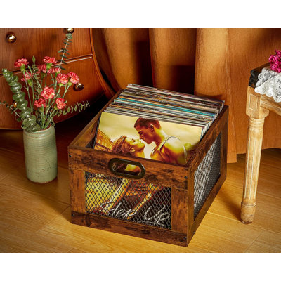 Vinyl Record Storage Crate Wooden Record Holder, Classic Cube Record Organizer Storage 100+ Records, Brown Color Vinyl Record Holder by 17 Stories
