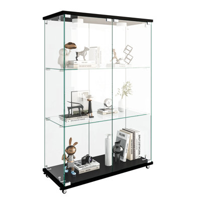 Modern Glass China Cabinet with LED Lights, 2-Door, 3-Shelf Display Cabinet, Tempered Glass Bookshelf for Living Room or Bedroom, Quick Assembly by Wrought Studio