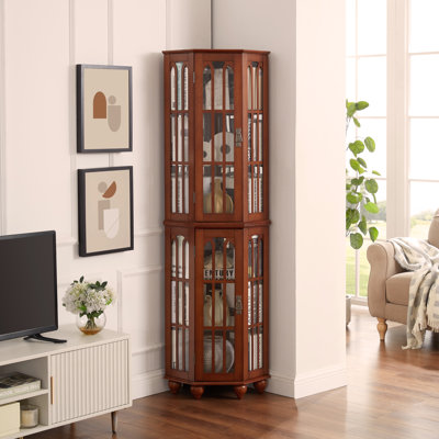 Corner Curio Cabinet With 4 Adjustable Tempered Glass Shelves And Lighting System, Solid Wood Legs,Acrylic Mirrored Back Panel by Alcott Hill