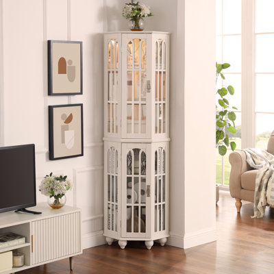 Corner Curio Cabinet With 4 Adjustable Tempered Glass Shelves And Lighting System, Solid Wood Legs,Acrylic Mirrored Back Panel by Alcott Hill