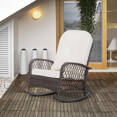 Outsunny Outdoor Wicker Rocking Chair with Wide Seat, Thick, Soft Cushion, Rattan Rocker w/Steel Frame, High Weight Capacity for Patio, Garden, Backya by Lark Manor