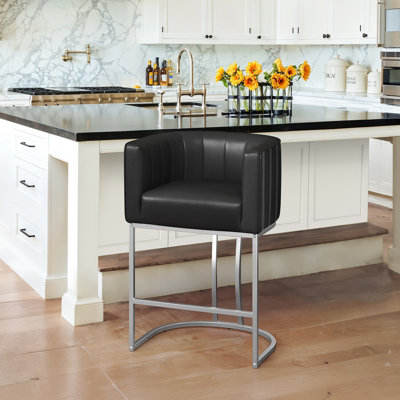 26.4" H Counter Height Bar Stools, Modern Barrel Counter Stools With Backrest And Arms, Metal Legs, Upholstered Accent Barstools For Kitchen Island by Ivy Bronx