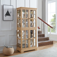 Curio Display Cabinet With Glass Doors, Adjustable Shelves, Four-door Vintage Design, And E26 Bulb Included In Oak by Winston Porter