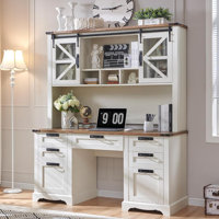 Hirth 60"W Farmhouse Desk With Hutch, Wood Executive Desk With Sliding Barn Doors, 2 Storage Cabinet by Gracie Oaks