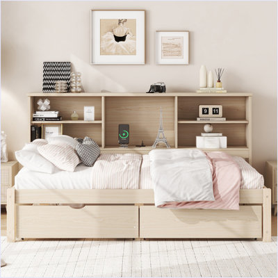 Bed Frame With Side Bookshelves, Two Drawers, And Built-In USB Port by Red Barrel Studio