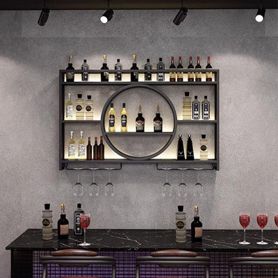 Wine Rack Wall Mounted With Wine Glass Rack Floating Bar Shelves For Liquor Bottles With LED Light Liquor Bottle Display Shelf Wall Bar Cabinet Mini B