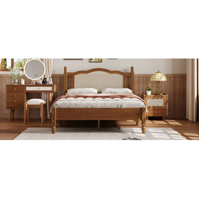 Wooden Platform Bed With Natural Rattan Headboard, Vintage Bed Frame With Wooden Slat Support by Grovelane