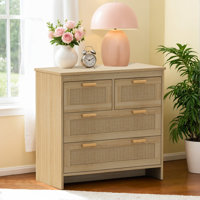 3-Drawer Rattan Geoff Dresser, Wooden Storage Cabinet w/Boho Mid-Century by Bay Isle Home