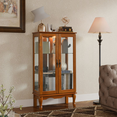Curio Cabinet Lighted Curio Display Cabinet with Adjustable Shelves and Mirrored Back Panel, Tempered Glass Doors (3 Tier), (E26 light bulb not includ by Charlton Home