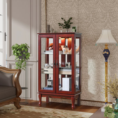 Curio Cabinet Lighted Curio Display Cabinet with Adjustable Shelves and Mirrored Back Panel, Tempered Glass Doors (3 Tier), (E26 light bulb not includ by Charlton Home