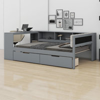 Wood Platform Bed With Storage Shelves, Drawers, Charging Station And Upholstered Headboard by Lark Manor