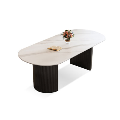 White+Black Oval Sintered Stone+Manufactured Wood Dining Table by Hokku Designs