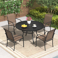 4-Person Round Patio Dining Set with Faux Wood Plastic Dining Table and Stackable Textilene Armrest Chairs by Lark Manor