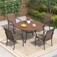 4-Person Round Patio Dining Set with Faux Wood Plastic Dining Table and Stackable Textilene Armrest Chairs by Lark Manor