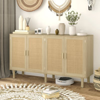 Boho Sideboard, 62.2" Buffet Cabinet With 4 Decorative Rattan Doors And Solid Wood Legs, Coffee Bar Cabinet With Shelves For Living Room, Hallway, Oak by Bay Isle Home