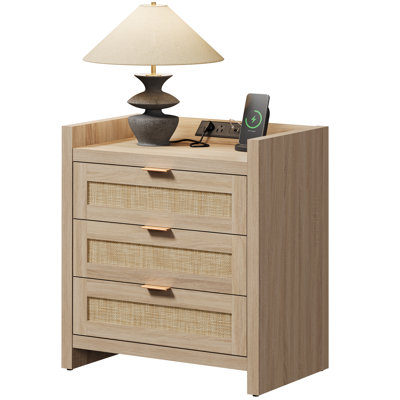 Ashvir Rattan 3-Drawer Nightstand With Built-In Outlets by Millwood Pines