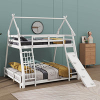Twin-Over-Queen House-Style Bunk Bed With Climbing Nets And A Climbing Ramp by Harper Orchard