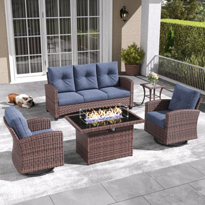 Lark Manorâ„¢ 5 Pieces Patio Furniture Set with Swivel Chairs, Rattan Wicker Rocking Glide Chairs with 44" Propane Gas Fire Pit Table Conversation Set