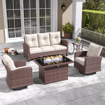 Lark Manor™ 5 Pieces Patio Furniture Set with Swivel Chairs, Rattan Wicker Rocking Glide Chairs with 44" Propane Gas Fire Pit Table Conversation Set by Lark Manor