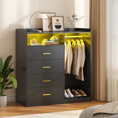 Wrought Studio™ Black Dresser for Bedroom with Hanging Rack Dresser for Closet,4 Drawer Dresser with LED Lights & Charging Station, All Wooden Dresser by Wrought Studio