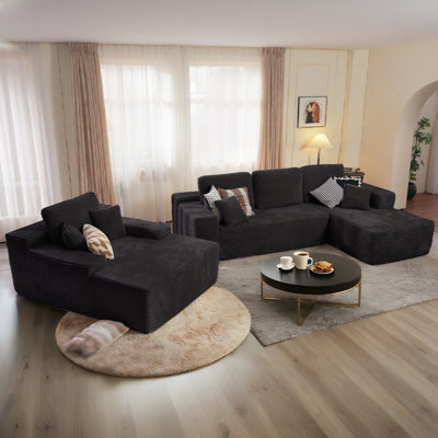 Seren 3-Piece No-Assembly Living Room Set, Plush Corduroy Modern Sectional Sofa With Loveseat And Chaise Lounge by Mercer41
