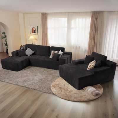 Seren 3-Piece No-Assembly Living Room Set, Plush Corduroy Modern Sectional Sofa With Loveseat And Chaise Lounge by Mercer41