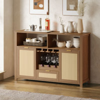 Bay Isle Home™ Bar Cabinet With 2 Rattan Doors, Wine Racks And Drawers For Dining Room And Living Room