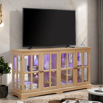 Antique China Cabinet With 4 Glass Doors, Adjustable Shelves, Metal Handles And Led Light Strip by Wrought Studio