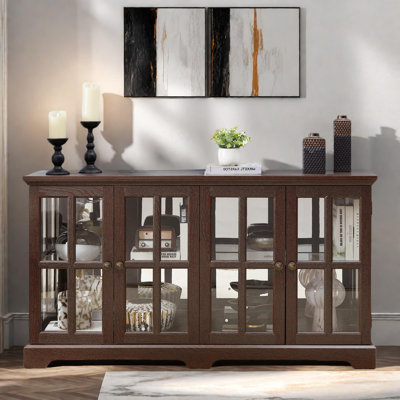 Antique China Cabinet With 4 Glass Doors, Adjustable Shelves, Metal Handles And Led Light Strip by Wrought Studio