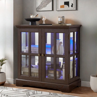 Antique China Cabinet With 2 Glass Doors, An Adjustable Shelf, Metal Handles And Led Light Strip by Wrought Studio