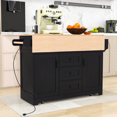 Rolling Expandable Kitchen Island with 2 Drop Leaf, Built-In Power Outlets and Storage Cabient