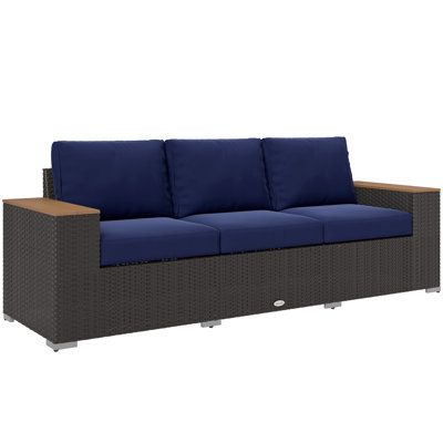 3-Seat Outdoor Patio Sofa with Cushions, PE Rattan Wicker Sofa with Wood Grain Wide Armrests, Outdoor Wicker Couch for Porch, Garden, Sunroom, Poolsid by Ebern Designs
