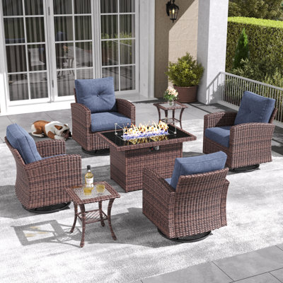 Lark Manor™ 7 Pieces Patio Furniture Set with Swivel Chairs, Rattan Wicker Rocking Glide Chairs with 44" Propane Gas Fire Pit Table Conversation Set by Lark Manor