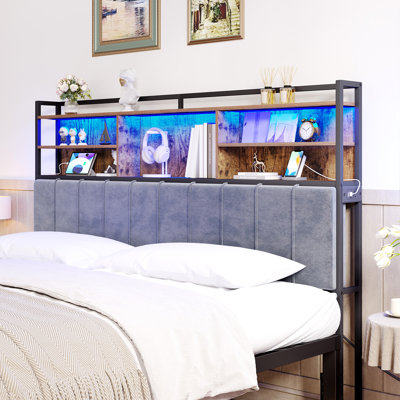 Headboard with 3-Tier Storage Shelves, Velvet Upholstered Head Board with 2 Outlets, USB Ports & LED Light, Soft Backrest by 17 Stories