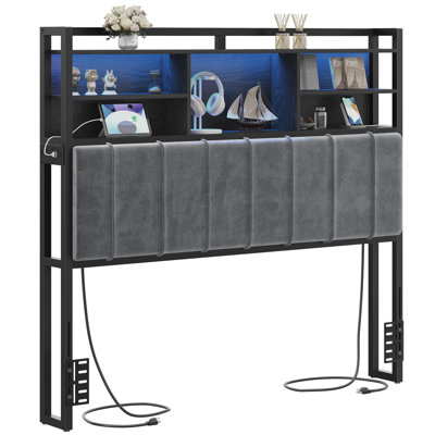 Headboard with 3-Tier Storage Shelves, Velvet Upholstered Head Board with 2 Outlets, USB Ports & LED Light, Soft Backrest by 17 Stories