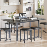 7 Pieces Dining Table Set For 4-6, Extendable Kitchen Table Set With 6 Dining Stools, Kitchen Table Set For Small Space by Ebern Designs