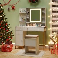 Makeup Vanity Desk With Lighted Mirror Charging Station 3-color Led Lights by Everly Quinn