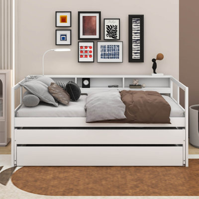 Twin XL Wood Daybed With 2 Trundles, 3 Storage Cubbies, 1 Light For Free And USB by Lark Manor