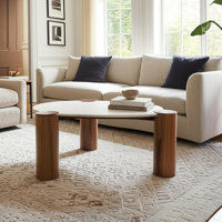 Coffee Table Marble and Wood Kidney-Shaped Top and Cylindrical Legs Wide Finish for Living Room or Office Use - 18" Brown by Orren Ellis