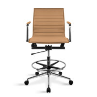 Set of 2 Modern Drafting Chair | Upholstered PU Leather Ribbed Mid Back with Tall Adjustable Base & Leg Rest | Computer Armchair for Home, Executive, by Hokku Designs