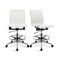 Set of 2 Modern Drafting Chair | Upholstered PU Leather Ribbed Armless Mid Back with Tall Adjustable Base & Leg Rest Swivel, Home, Executive, Conferen