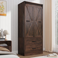 72.8"H Farmhouse Armoire Wardrobe Closet With Sensor Light And 2 Drawer, Folding Sliding Barn Door Armoire Cabinet With Hanging Rod For Bedroom by Gracie Oaks