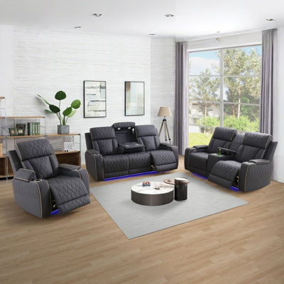 Lulu Breathing Leather 3 Pieces Power Reclining Sofa Set with LED Lighting,Wireless Charger by Latitude Run