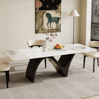 Modern Retangular Dining Table for 6-10, Glossy White Sintered Stone Table top, N-Shaped Carbon Steel Legs by Hokku Designs