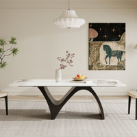 Modern Retangular Dining Table for 6-10, Glossy White Sintered Stone Table top, N-Shaped Carbon Steel Legs by Hokku Designs
