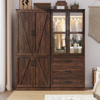 74.8"H 4 Door Wardrobe Armoire Closet With LED Lights, Rustic Farmhouse Wardrobe Cabinet With Hanging Rod & Adjustable Shelves For Bedroom by Gracie Oaks