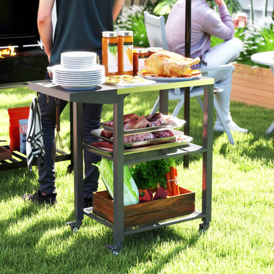 Three-Shelf Outdoor Grill Cart Table With Foldable Side Table, Stainless Steel Tabletop, 22" X 16.1" Pizza Oven Stand With Hooks, Side Handle, Movable
